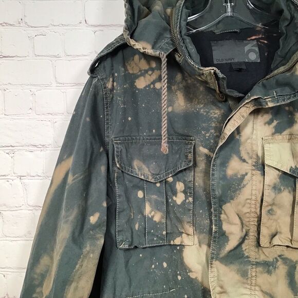 Bleach Tie Dye Hooded Parka Womans M Cinch Waist Field Jacket Arty Distressed - Picture 2 of 9